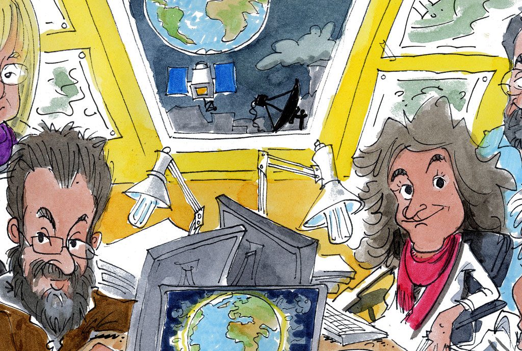 Karikatur zeigt die Geoscopia-Naturwissenschaftler, die sich für Klimabildung in Schulen einsetzen.