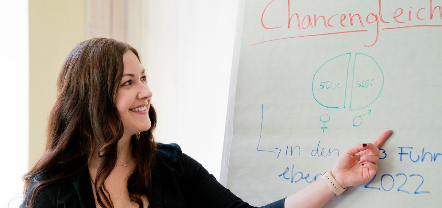 Eine junge Frau zeigt auf Notizen auf einer Flip-Chart.