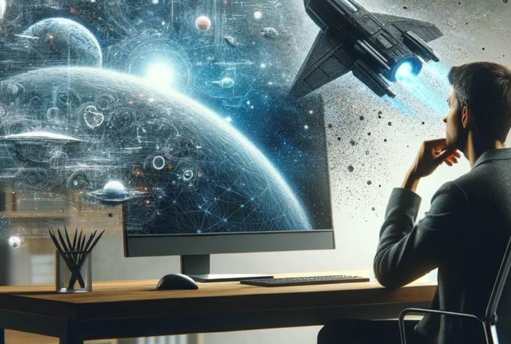 Das mit KI erstellte Bild zeigt einen Mann am Schreibtisch, der auf Visionen von Planeten und Raumfahrzeugen schaut.