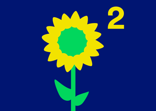 Die Illustration zeigt eine Sonnenblume und die hochgestellte Zahl 2. 