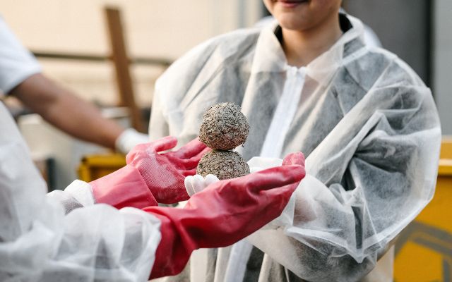 Zwei Menschen in Kitteln und Handschuhen arbeiten künstlerisch mit Naturmaterialien.