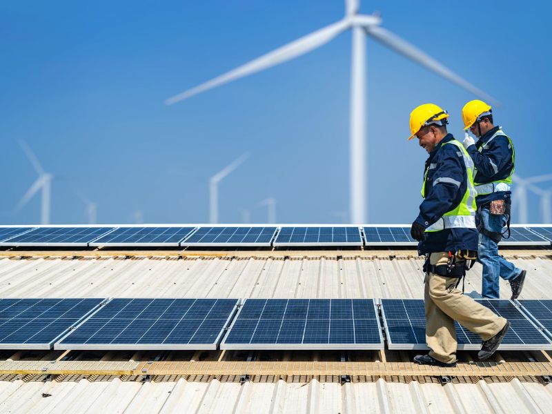 Zwei Bauarbeiter auf einem Dach mit PV-Modulen